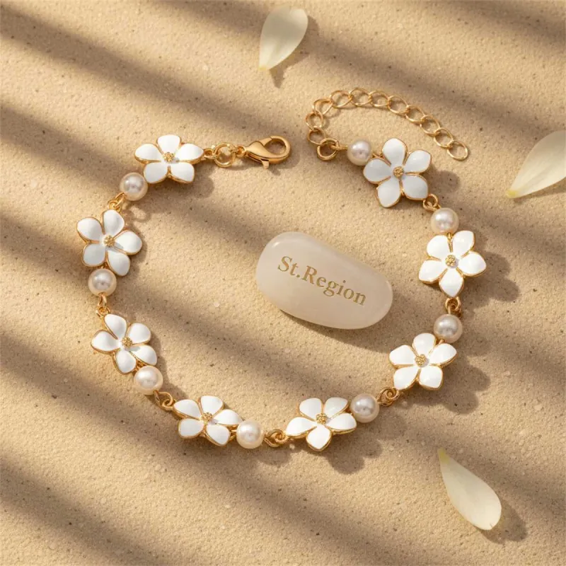 White Enamel & Pearl Goldtone Flower Station Anklet made by Zulily