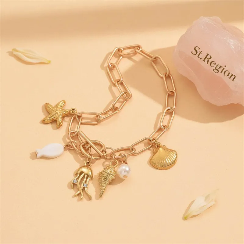 Cubic Zirconia & Pearl Acrylic Goldtone Sea Lives Charm Toggle Anklet made by Zulily