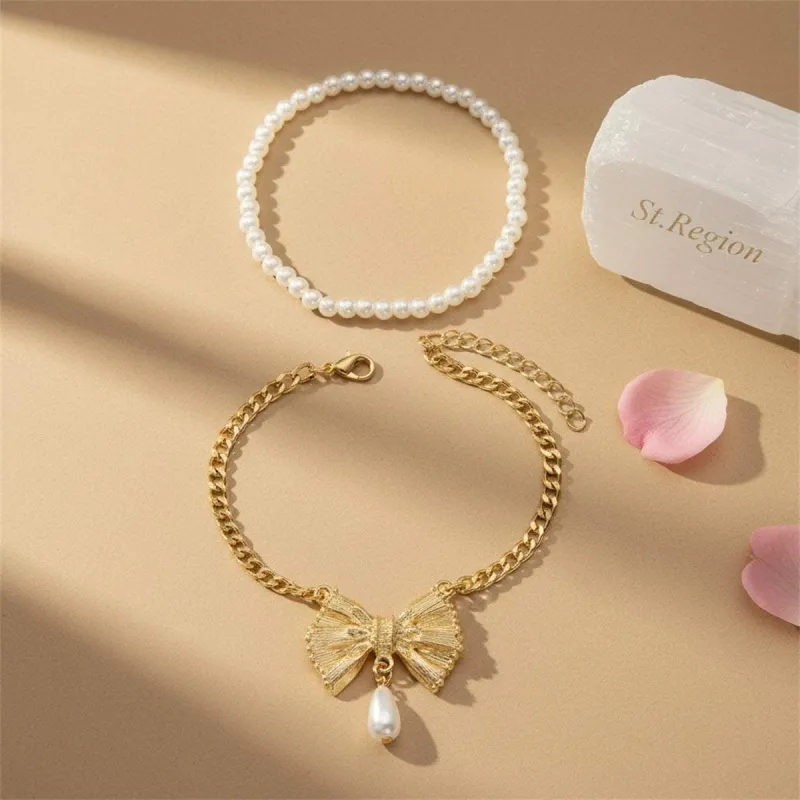 Pearl & Goldtone Butterfly Drop Charm Anklet Set made by Zulily