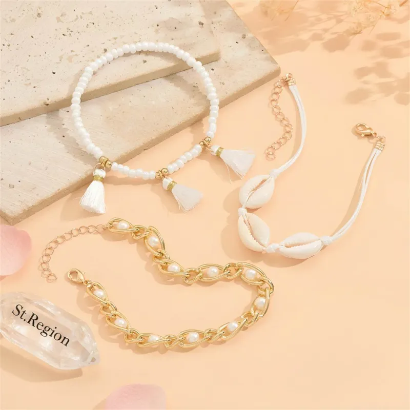 Pearl & Shell Polyster Goldtone Beads Chain Tassel Anklet Set made by Zulily