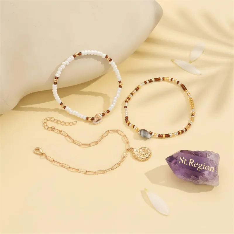 Howlite & Acrylic Goldtone Beads Chain Shell Charm Stretch Anklet Set made by Zulily