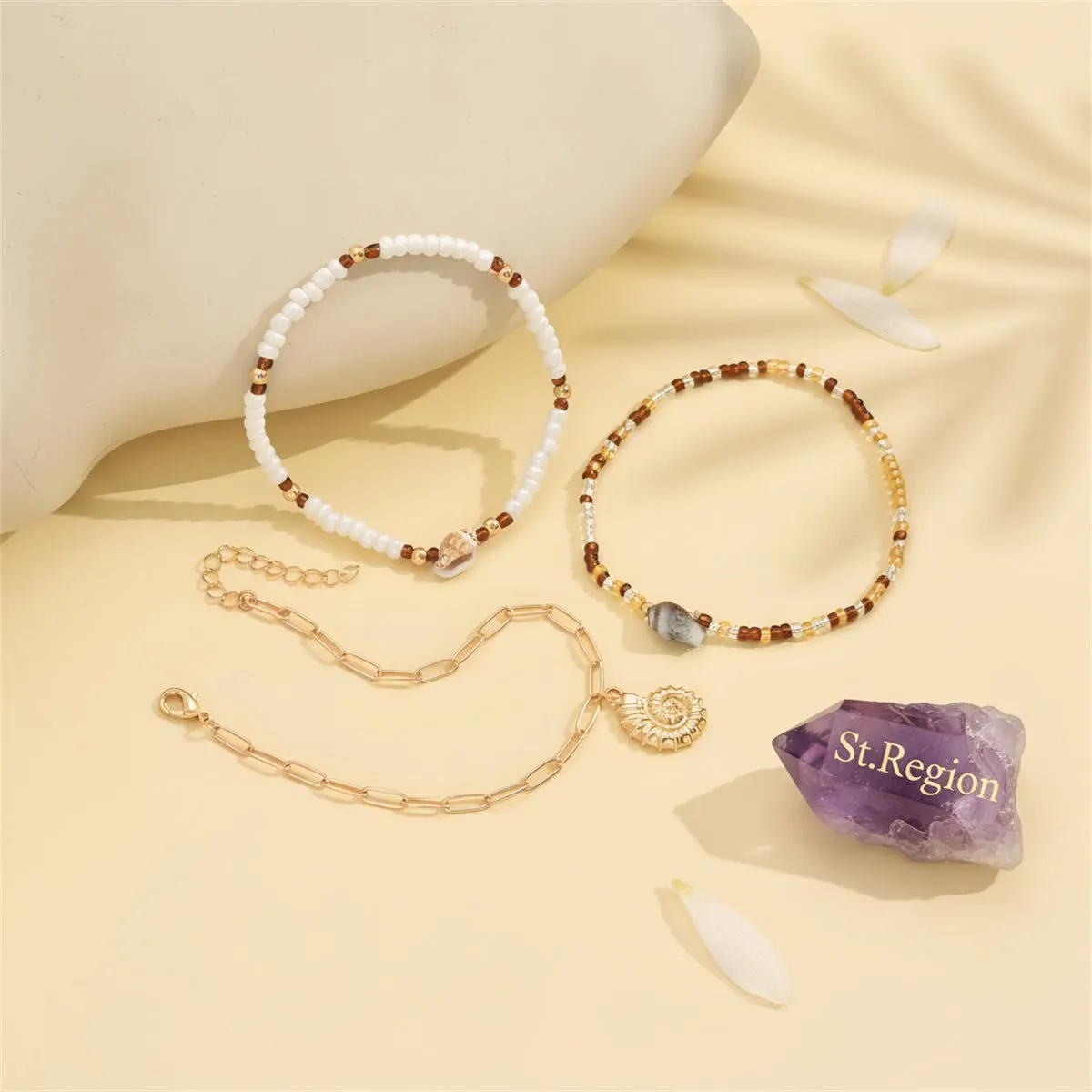 Howlite & Acrylic Goldtone Beads Chain Shell Charm Stretch Anklet Set sold by Zulily