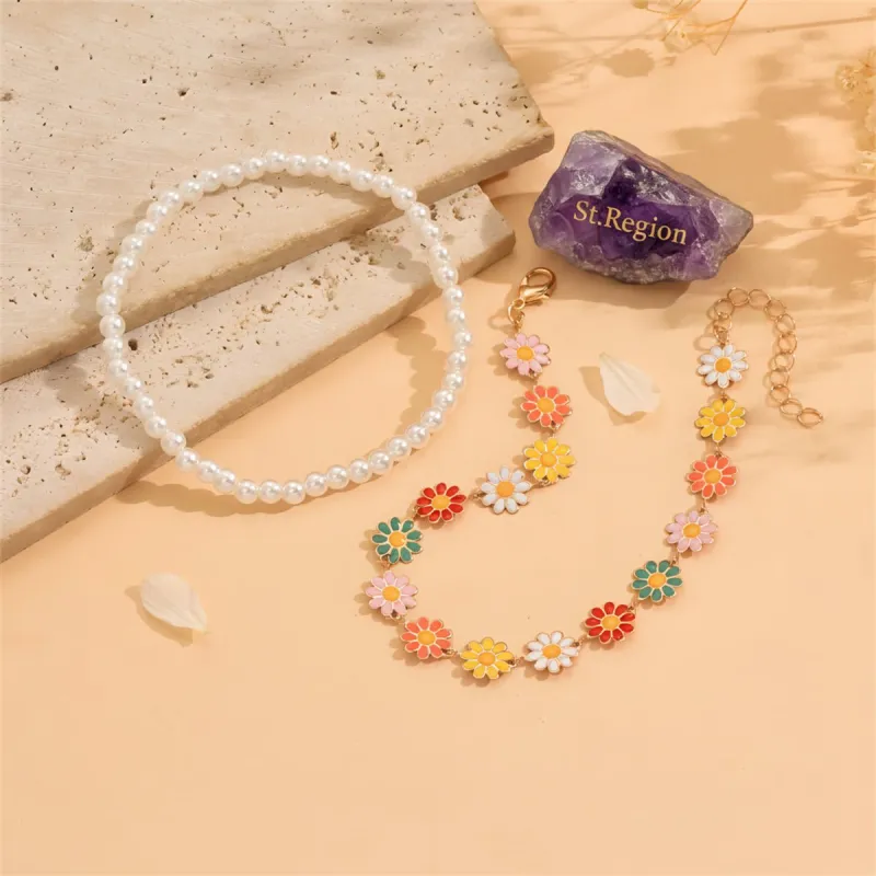 Pearl & Multi-Colored Enamel Goldtone Mum Stations Anklet Set made by Zulily