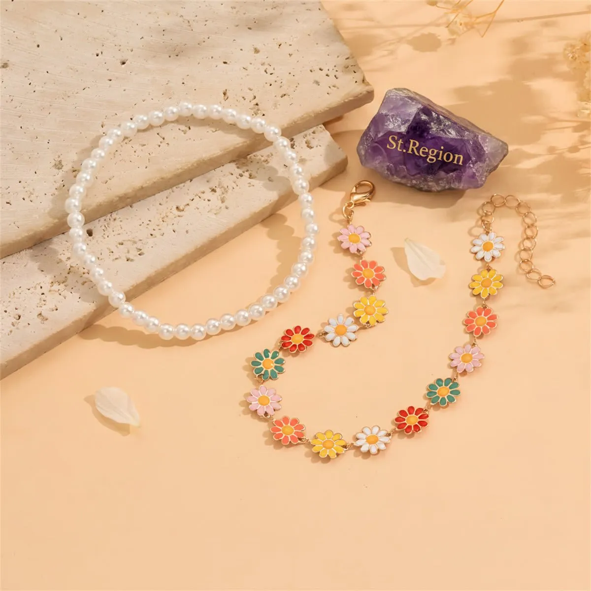 Pearl & Multi-Colored Enamel Goldtone Mum Stations Anklet Set sold by Zulily