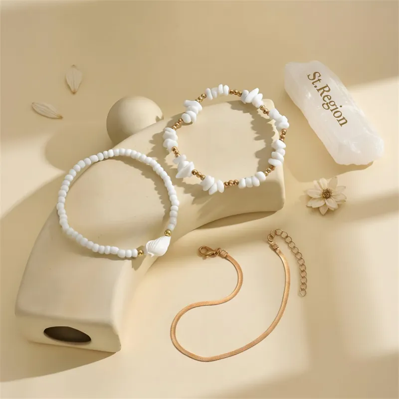 White Turqouise & Howlite Shell Goldtone Stretch Anklet Set made by Zulily