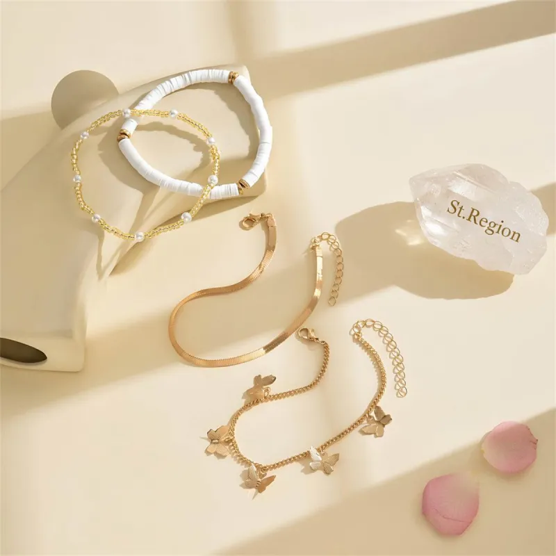 Pearl & Polymer Clay Acrylic Goldtone Butterfly Tassel Anklet Set made by Zulily