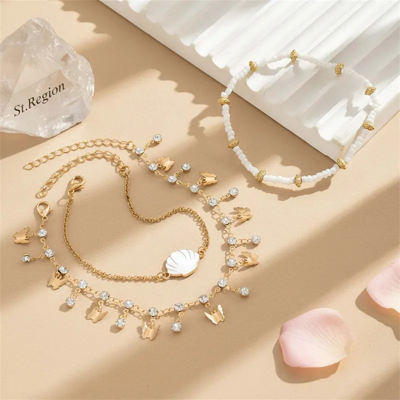 White Howlite & Cubic Zirconia Enamel Goldtone Butterfly Tassel Anklet Set made by Zulily