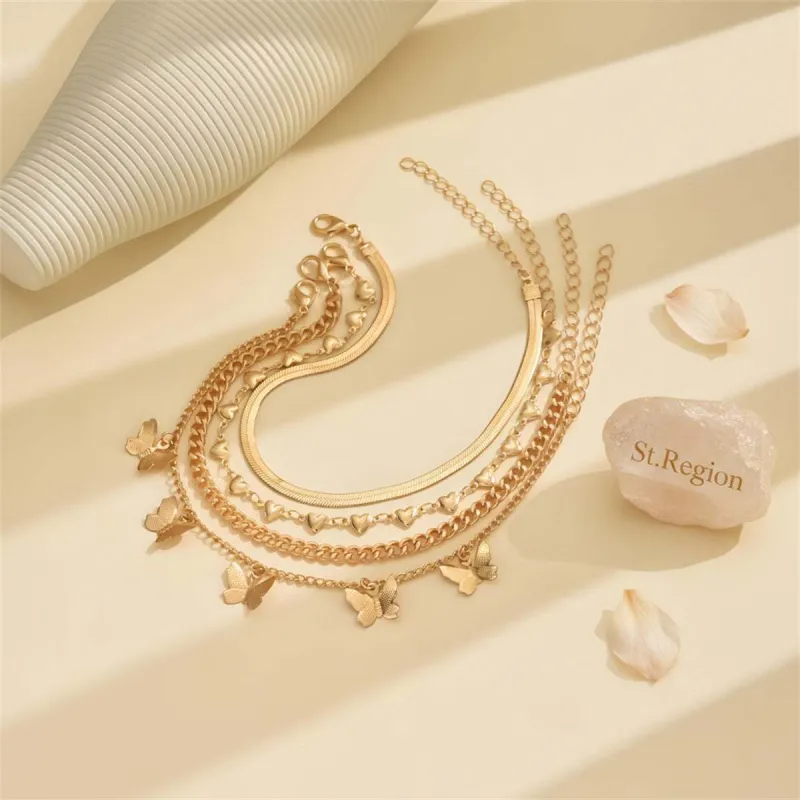 Goldtone Heart Station Butterfly Tassel Chain Anklet Set made by Zulily