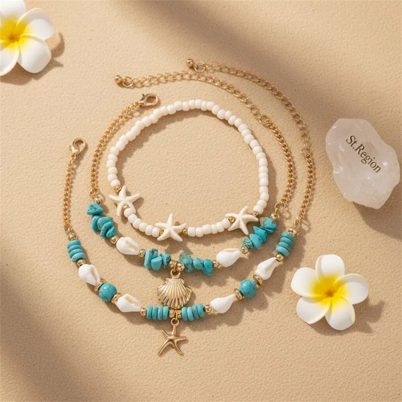 Turqouise & White Howlite Shell Goldtone Sea Lives Charm Anklet Set made by Zulily
