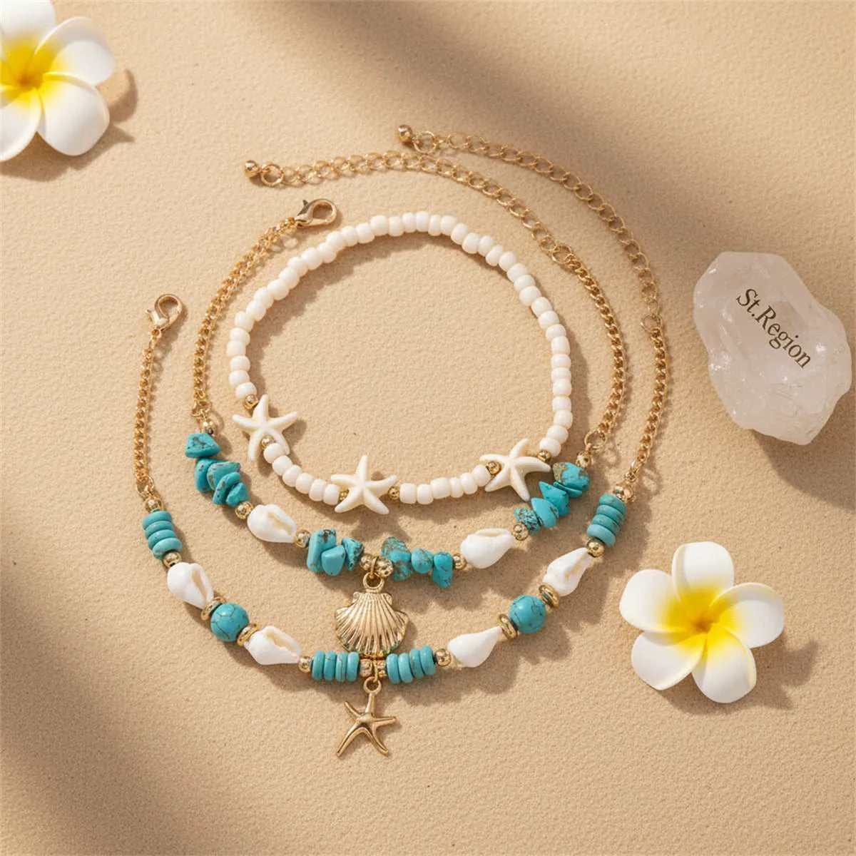 Turqouise & White Howlite Shell Goldtone Sea Lives Charm Anklet Set sold by Zulily