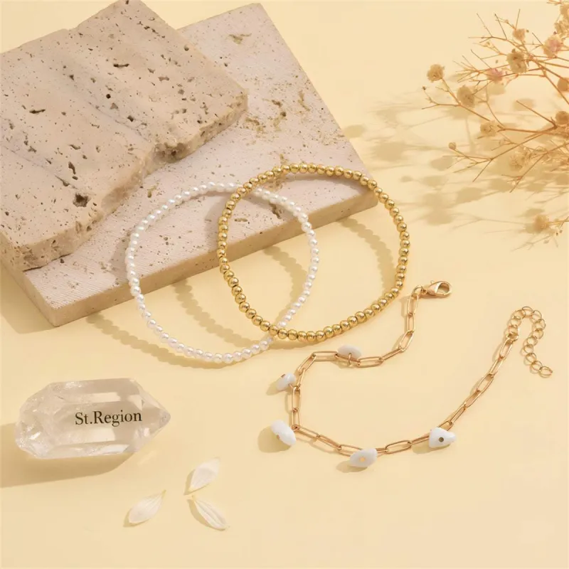 White Turqouise & Pearl Goldtone Beads Stretch Anklet Set made by Zulily