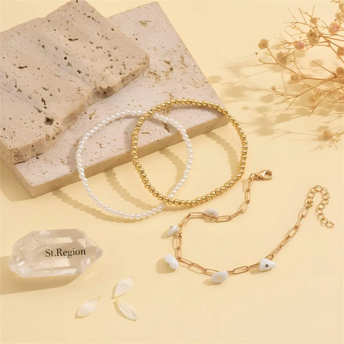 White Turqouise & Pearl Goldtone Beads Stretch Anklet Set sold by Zulily
