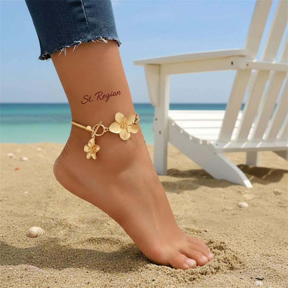Goldtone Thick Herringbone Chain Dual-Flower Charm Toggle Anklet sold by Zulily product image thumbnail 2