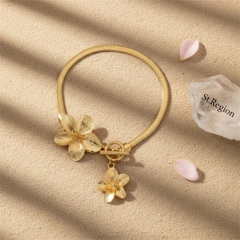 Goldtone Thick Herringbone Chain Dual-Flower Charm Toggle Anklet made by Zulily