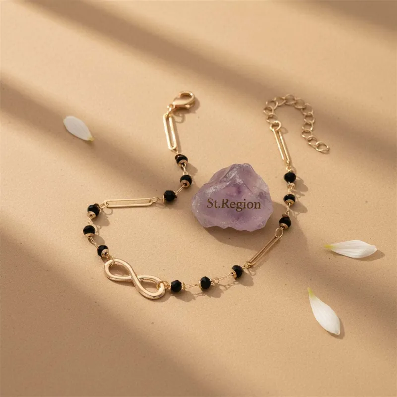 Black Acrylic Beads & Goldtone Infinity Sign Charm Anklet made by Zulily