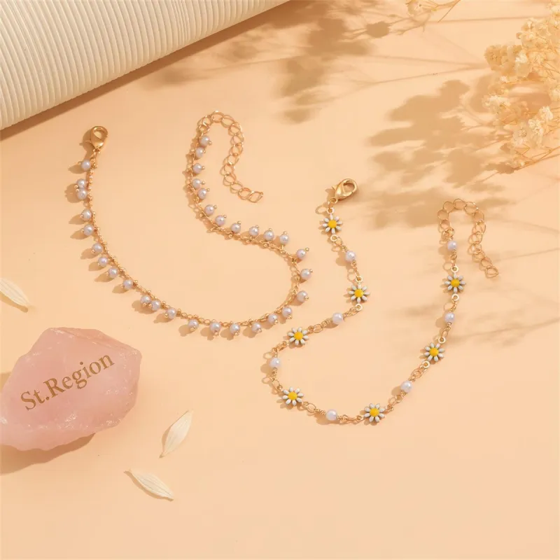 Pearl & White Enamel Goldtone Mum Stations Chain Anklet Set made by Zulily