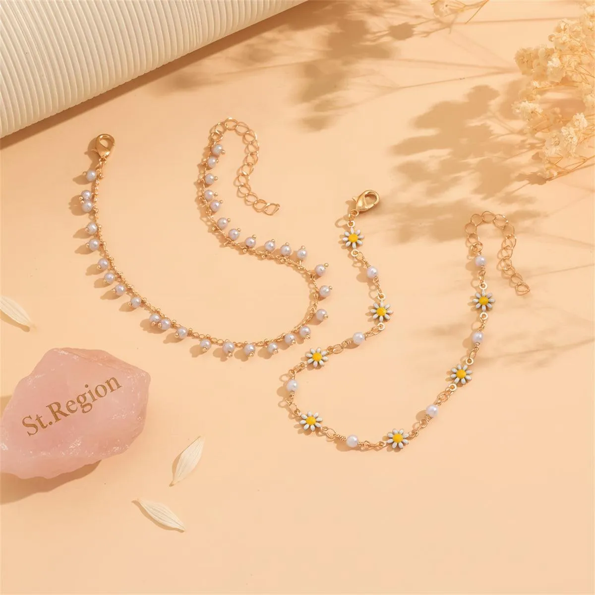 Pearl & White Enamel Goldtone Mum Stations Chain Anklet Set sold by Zulily