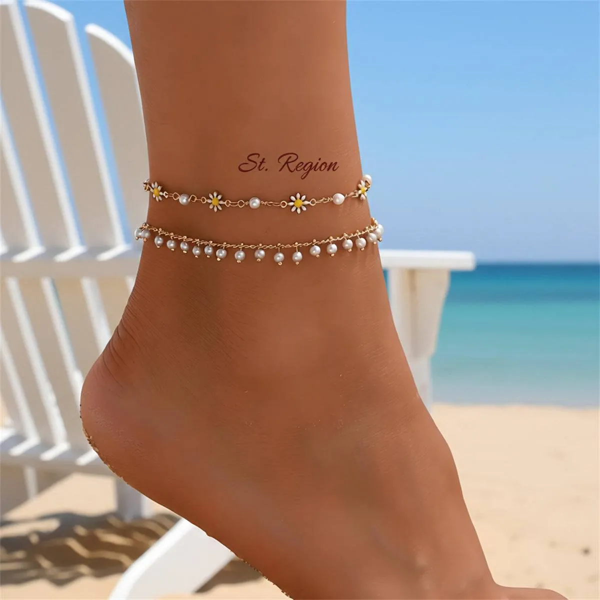 Pearl & White Enamel Goldtone Mum Stations Chain Anklet Set sold by Zulily product image thumbnail 2