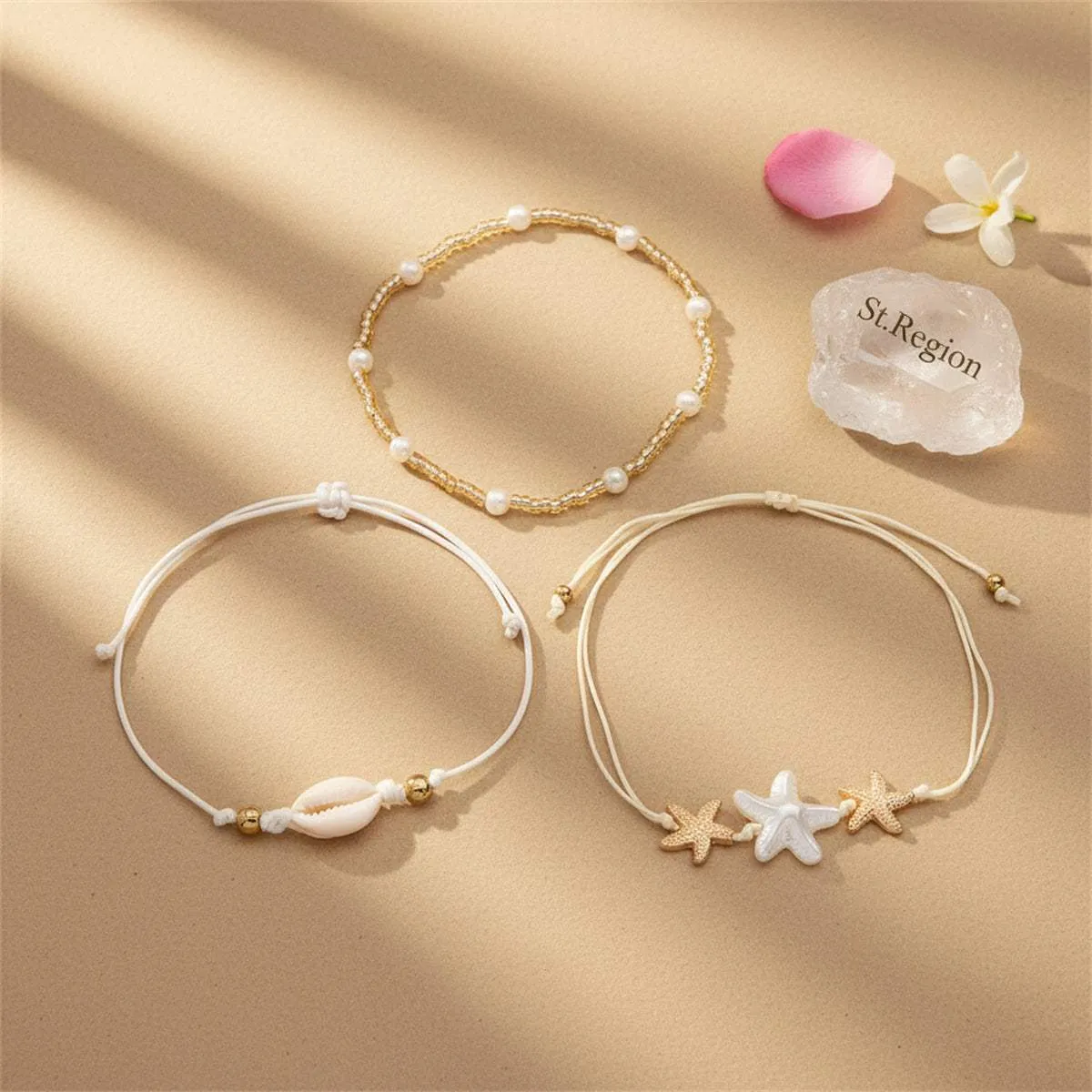 Pearl & Acrylic Polyster Goldtone Shell Starfish Charm Anklet Set sold by Zulily