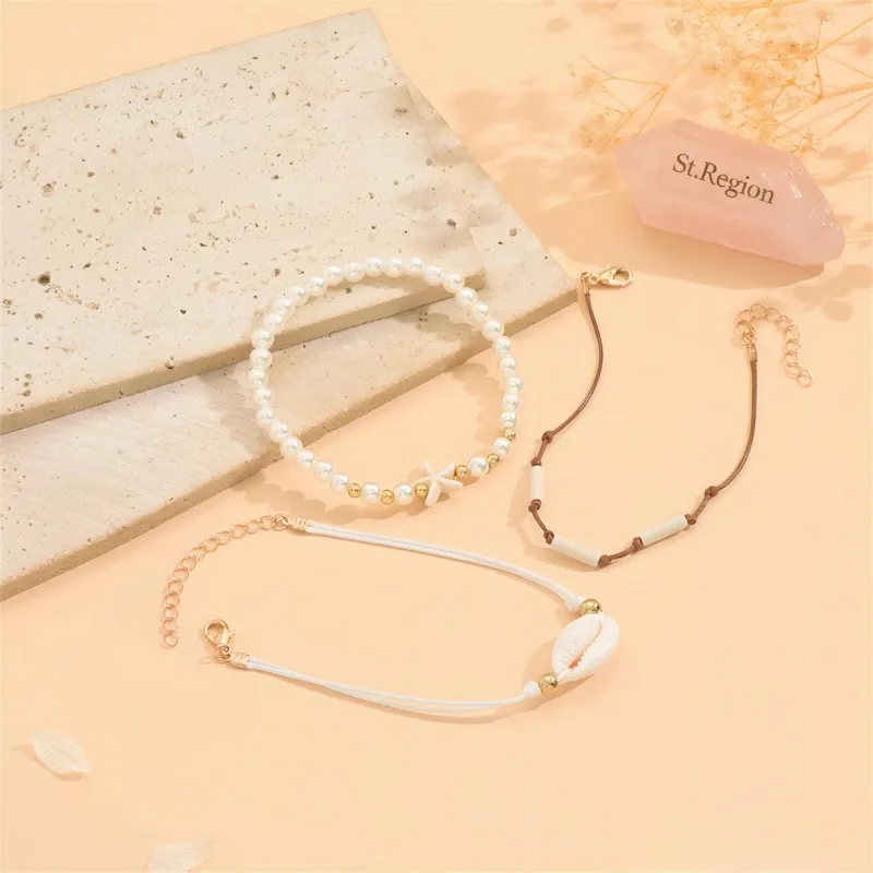 Pearl & White Resin Goldtone Cylinder Starfish Shell Charm Anklet Set made by Zulily