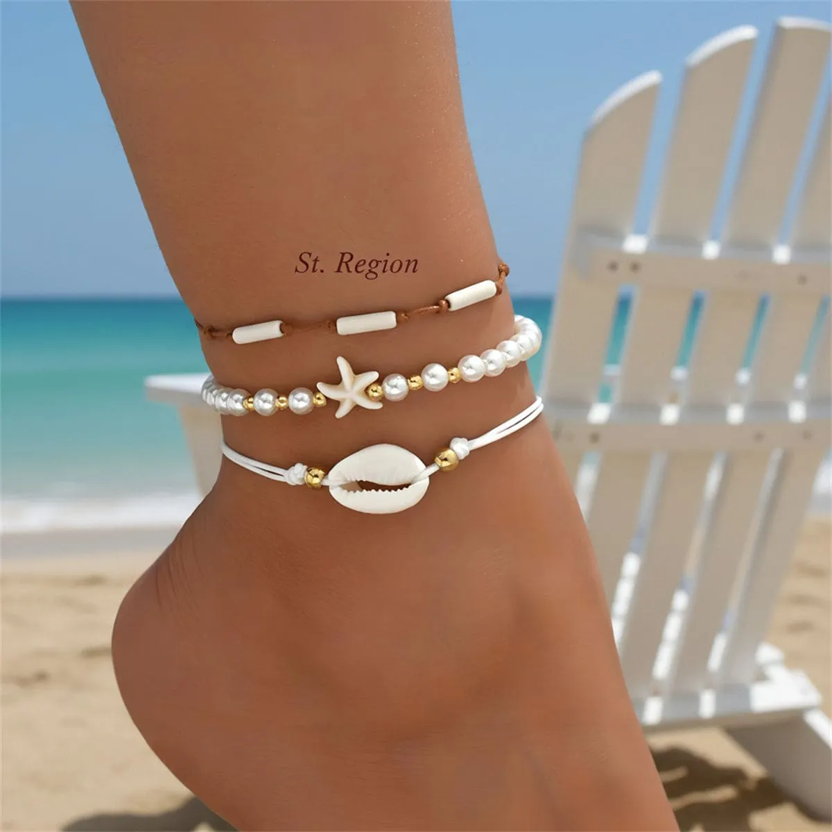 Pearl & White Resin Goldtone Cylinder Starfish Shell Charm Anklet Set sold by Zulily product image thumbnail 2