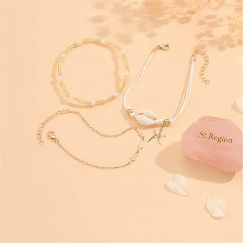Pearl & Acrylic Shell Goldtone Cross Chain Starfish Charm Anklet Set made by Zulily