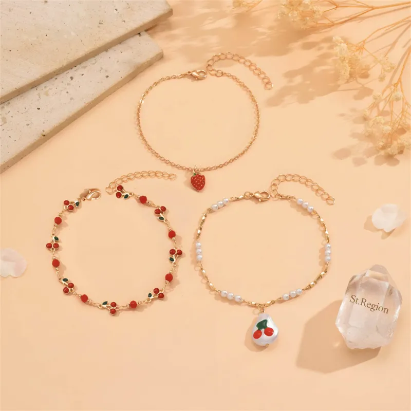 Enamel & Pearl Goldtone Strawberry Cherry Charm Tassel Anklet Set made by Zulily