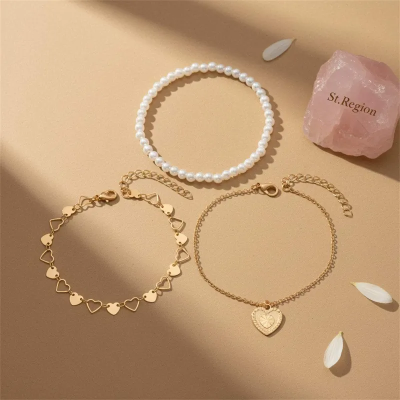 Pearl & Goldtone Heart Station Charm Anklet Set made by Zulily