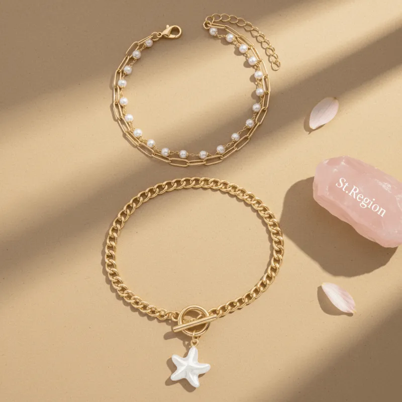 Pearl & Goldtone Starfish Charm Beads Chain Layered Anklet Set made by Zulily