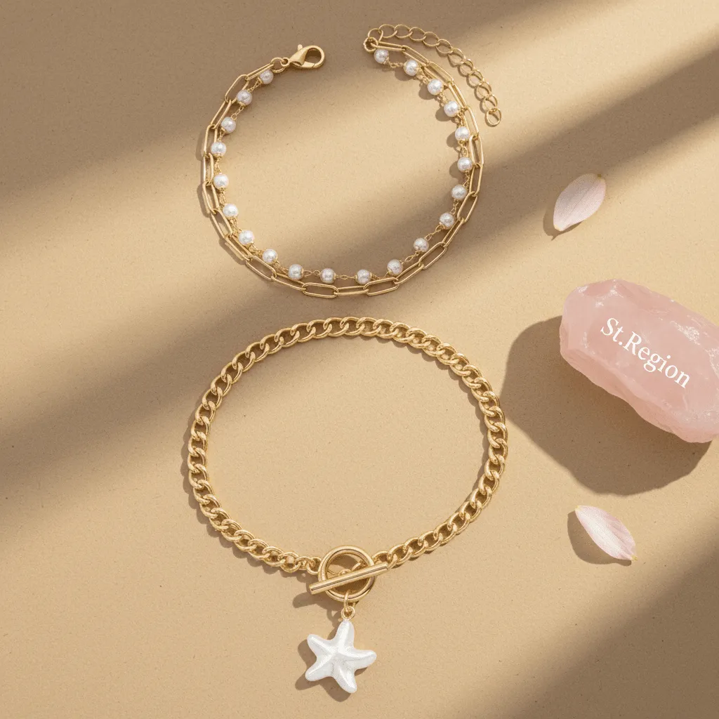 Pearl & Goldtone Starfish Charm Beads Chain Layered Anklet Set sold by Zulily