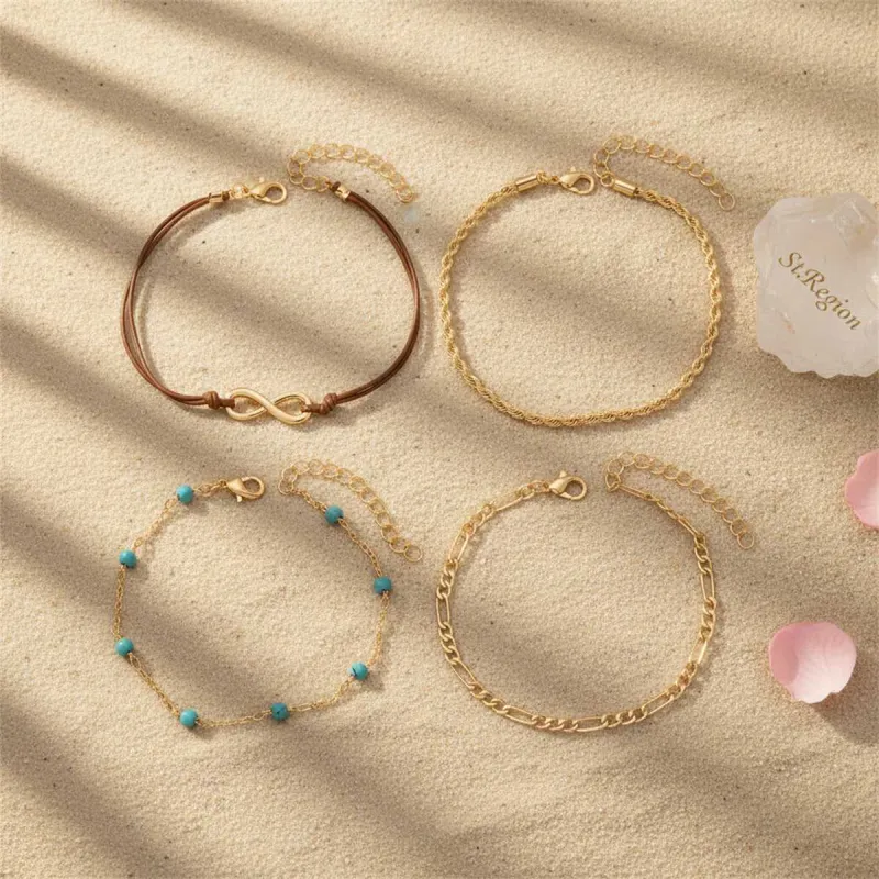 Turqouise & Polyster Goldtone Beads Chain Infinity Sign Charm Anklet Set made by Zulily