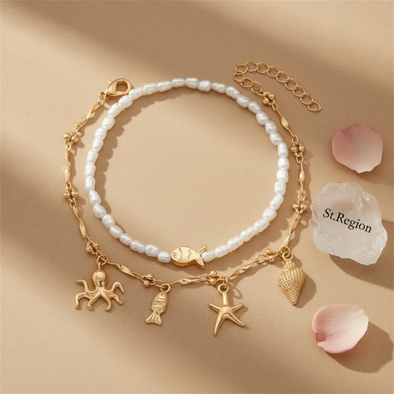 Baroque Pearl & Goldtone Sea Lives Tassel Anklet Set made by Zulily