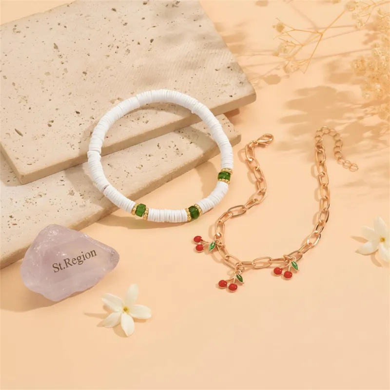 Enamel & Acrylic Polymer Clay Goldtone Cherry Tassel Anklet Set made by Zulily