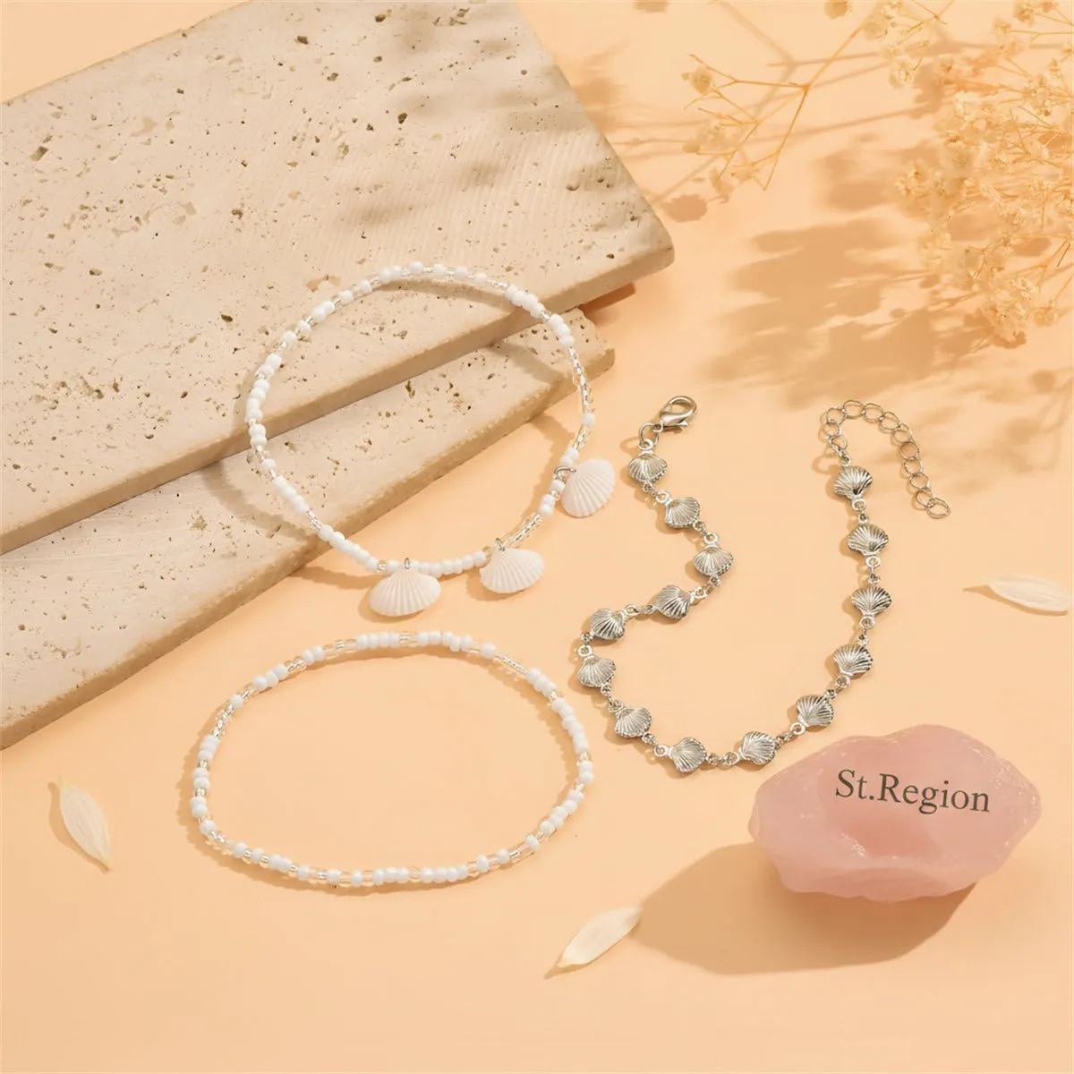 Genuine Shell & Howlite Acrylic Silvertone Shell Station Charm Anklet Set sold by Zulily