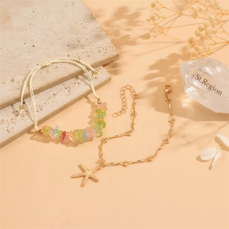 Multi-Colored Quartz & Polyster Goldtone Starfish Charm Anklet Set made by Zulily