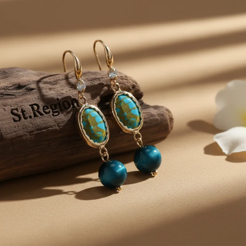 Peacock-Blue Jade & Turqouise Cubic Zirconia Goldtone Oval Round Hook Earrings made by Zulily