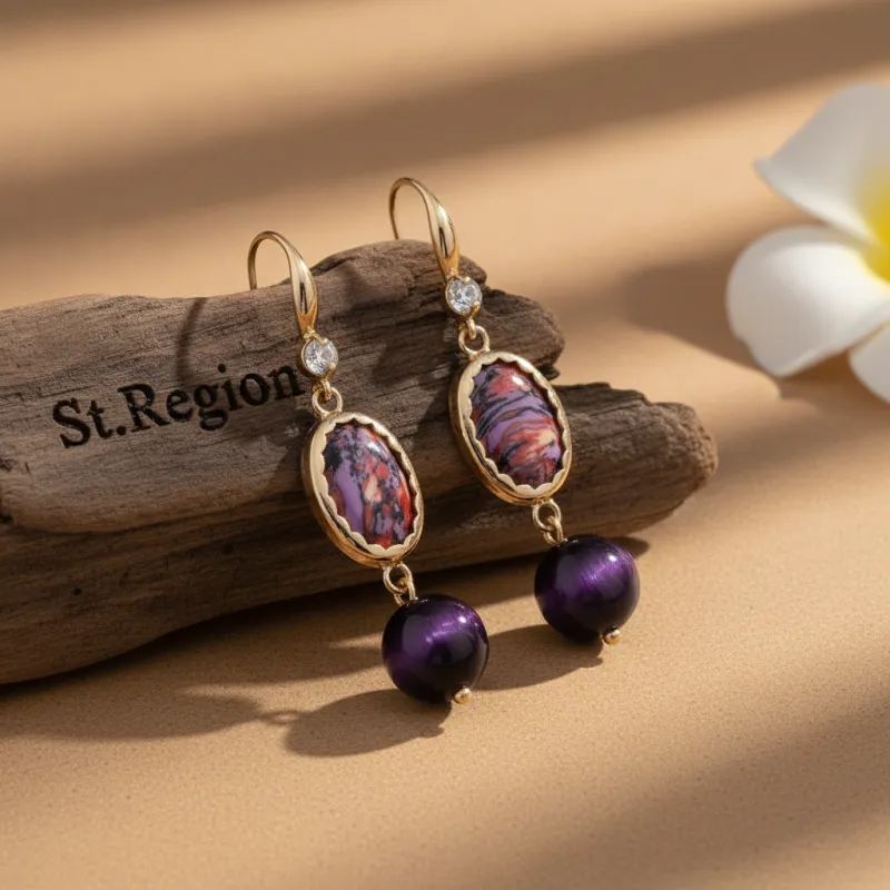 Royal Purple Jade & Turqouise Cubic Zirconia Goldtone Oval Round Hook Earrings made by Zulily