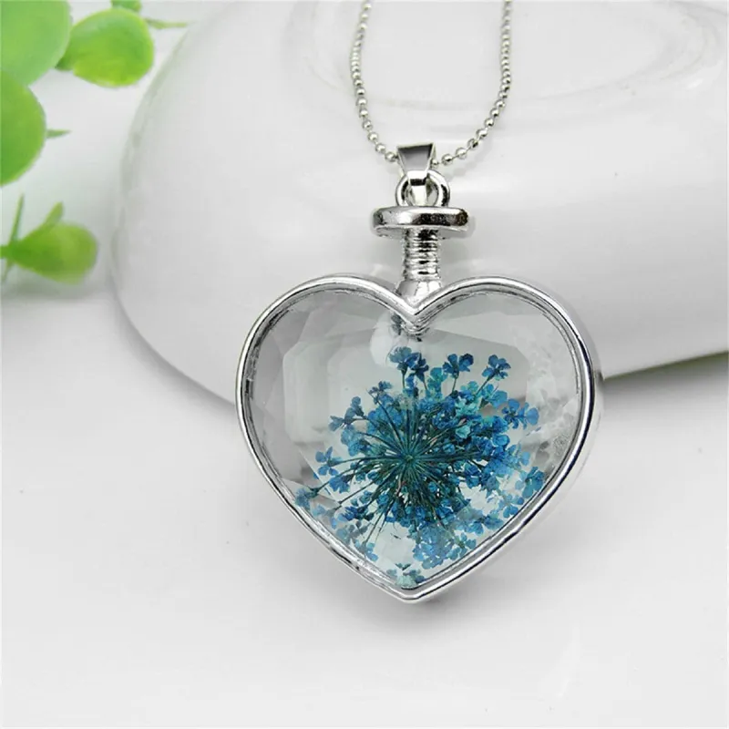 Blue Pressed Gypsophila & Silvertone Heart Pendant Necklace made by Zulily