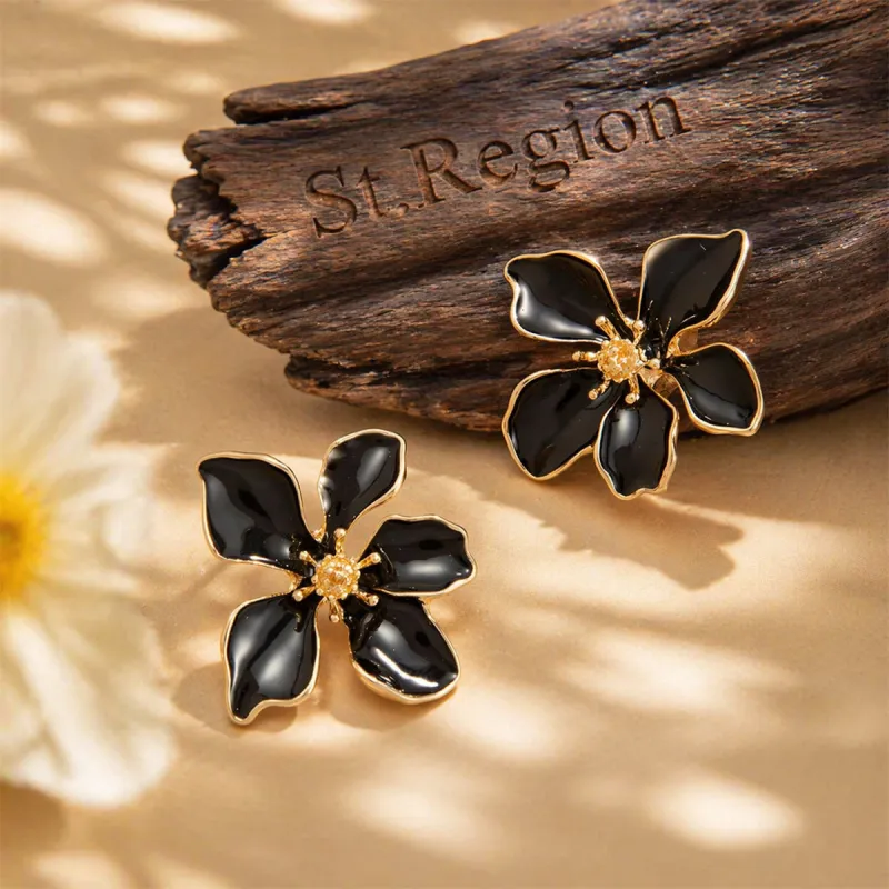 Black Enamel & Goldtone Flower Stud Earrings made by Zulily