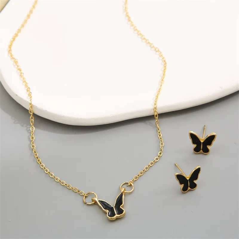 Black Enamel & Goldtone Butterfly Pendant Necklace Set made by Zulily