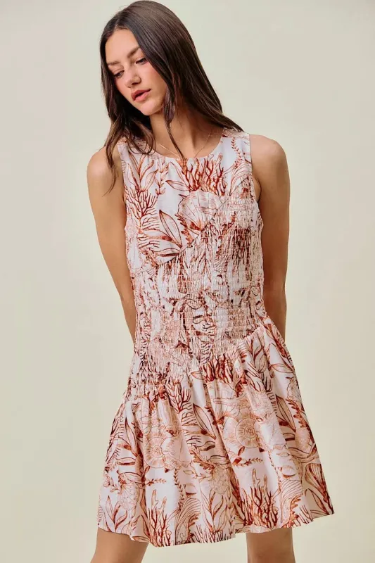 DBLCLK Women's Shell Print Smocked Fit And Flare Mini Lined Dress made by Zulily