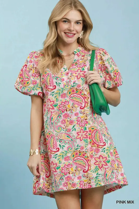 DBLCLK Women's Paisley Floral Puff Sleeve Shift Dress made by Zulily