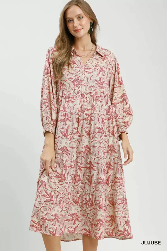 DBLCLK Women's Linen Botanical Print Tiered Midi Dress made by Zulily
