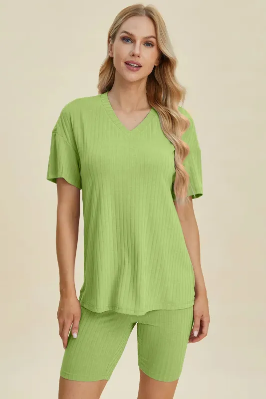 DBLCLK Women's Full Size Ribbed V-Neck Short Sleeve Top and Shorts Set made by Zulily