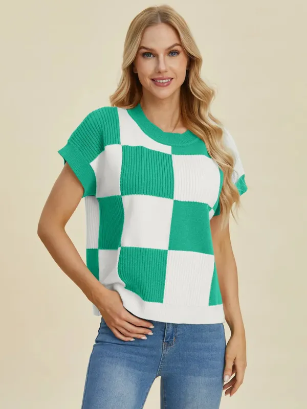 DBLCLK Women's Full Size Checkered Round Neck Short Sleeve Sweater made by Zulily