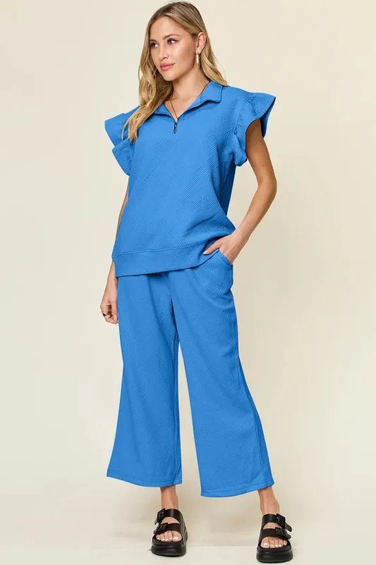 DBLCLK Women's Texture Ruffle Short Sleeve Top and Drawstring Wide Leg Pants Set made by Zulily