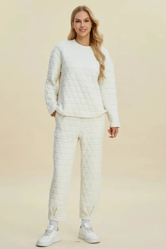 DBLCLK Women's Full Size Texture Round Neck Long Sleeve Top and Pants Set made by Zulily