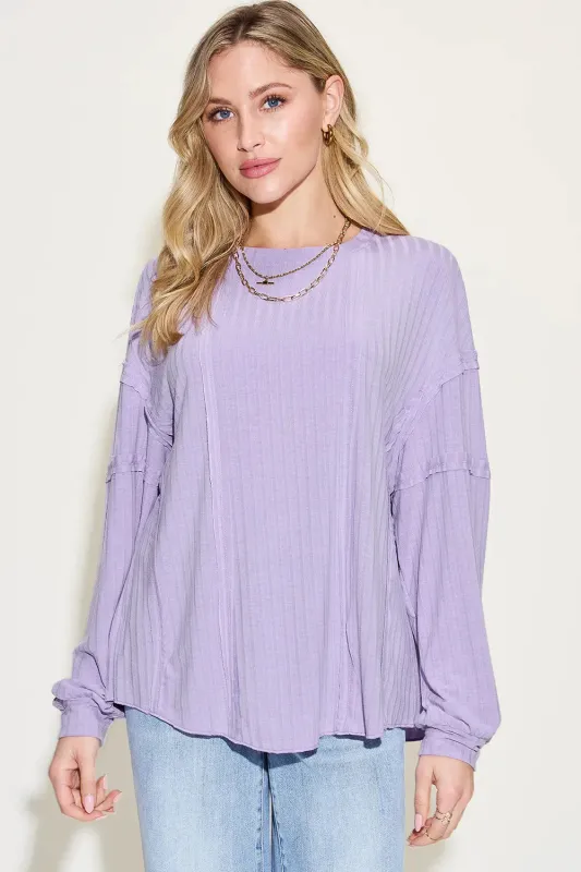 DBLCLK Women's Full Size Ribbed Round Neck Long Sleeve T-Shirt made by Zulily