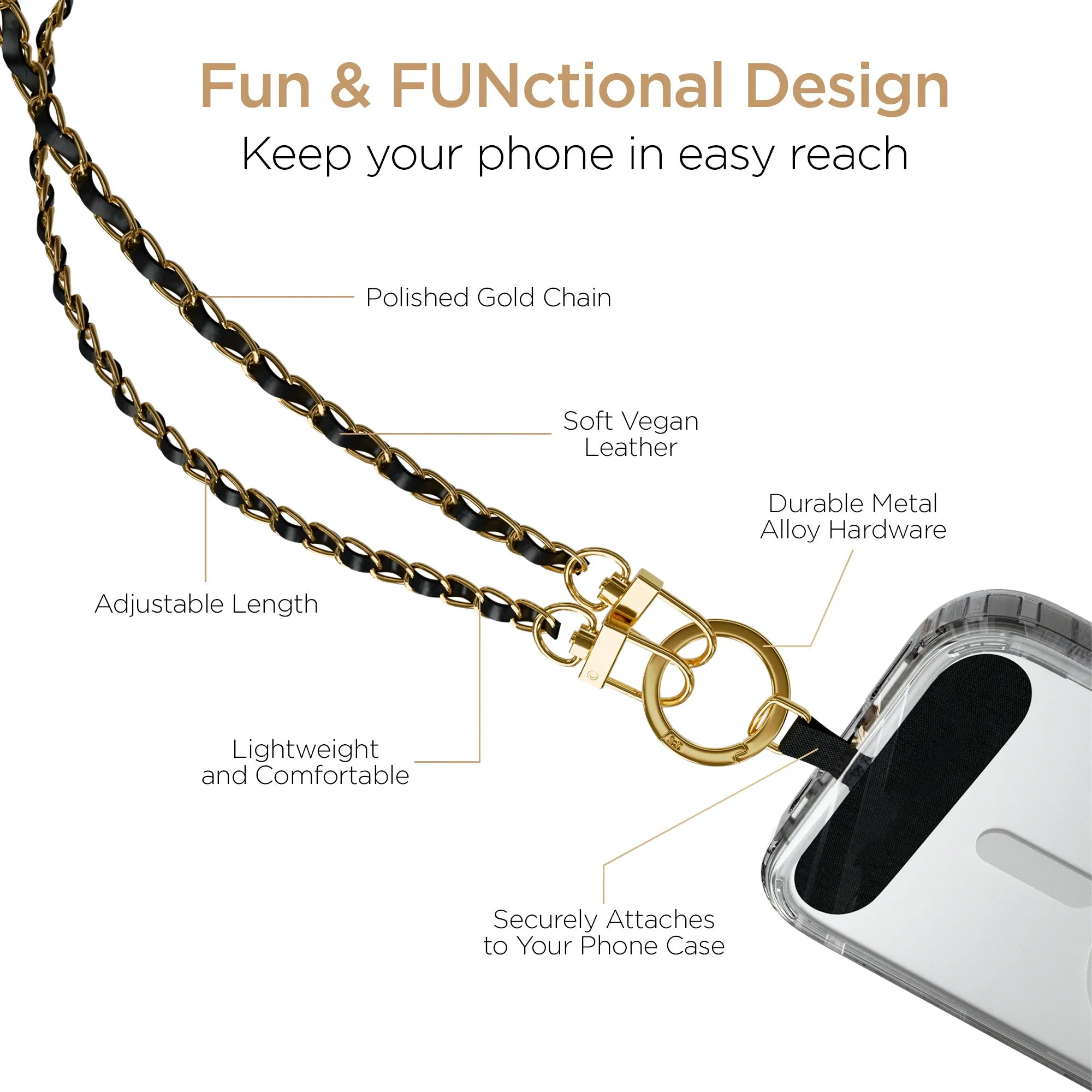 IBasics Crossbody Phone Strap – Gold Chain & Black Vegan Leather Phone Lanyard sold by Zulily product image thumbnail 2