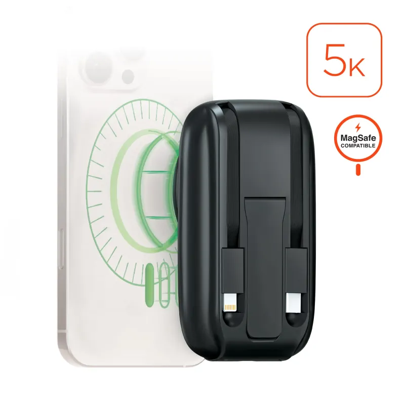 IBasics 5,000mAh Magnetic Wireless Fast Charge Power Bank with Built-In USB-C & Lightning Cables made by Zulily